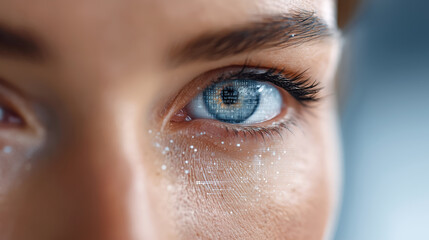 Close-Up of a Woman's Profile Featuring Digital Data Overlay on Her Face Illustrating Futuristic Technology and AI Concepts Merging Human and Digital Elements