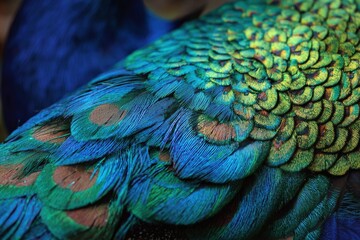 Closeup of peacock feathers displaying vibrant blue green and yellow iridescent colors and intricate patterns