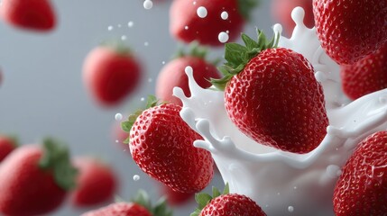 Ripe red strawberries flying in milk - breakfast for children