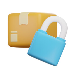 Isolated Render of a Secure Delivery Concept with a Yellow Package and Blue Padlock on a Transparent Background