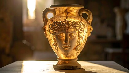 An illuminated, ornate amphora with a sculpted female face glows in sunlight. The interior light highlights intricate details