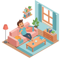 A cartoon man relaxing on a pink sofa with a cat in a cozy isometric living room illustration