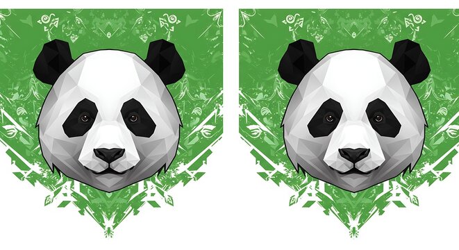 Geometric panda bear heads on green background vector illustration