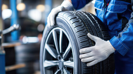 Close-Up of Mechanic Handling New Tire in Automotive Workshop with Focus on Tread Design