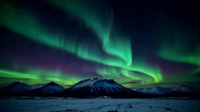 stunning nighttime landscape video, dominated by the natural phenomenon of Aurora Borealis