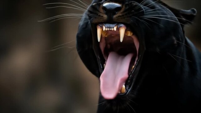 Close up of a black panther roaring with its mouth open showing sharp teeth and long tongue.
