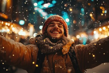 Man in winter coat and hat, arms outstretched, smiling up at snowflakes.