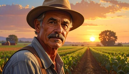 Old farmer with mustache handsome man looking at camera, male satisfied resting at sunset. 