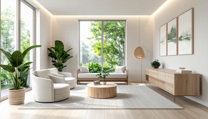 Fototapeta premium Sunlit Minimalist Living Room with Natural Wood and Lush Greenery, Tranquil Modern Living Space with Neutral Tones and Abundant Natural Light