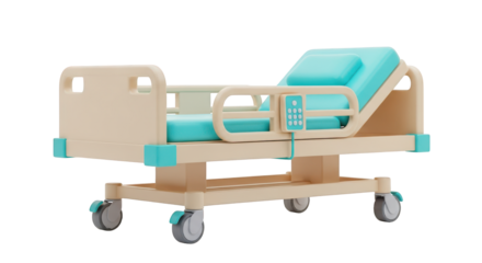 Adjustable Hospital Bed with Control Panel and Wheels medical equipment healthcare isolated on a transparent background