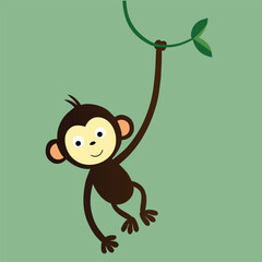 Playful monkey hanging from a vine on a green background, a whimsical illustration for childrens designs and artwork