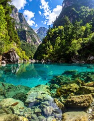 Serene mountain lake reflecting blue sky