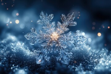 Snowflakes falling on a snowy forest floor.