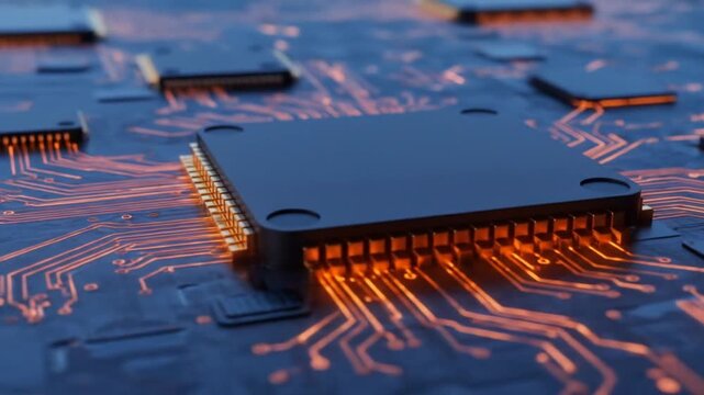 Close up of a computer processor chip on a circuit board with glowing orange lines.