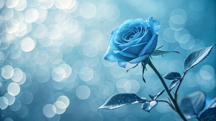 Blue rose with delicate water droplets glistening on petals against soft bokeh background creating dreamy, ethereal atmosphere with cool tones.