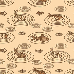 Cute Kawai Japanese Koi Fish in Rippling Water, A Charming Seamless Pattern Illustration