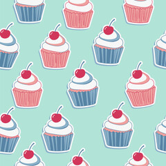 Cute Kawaii Cupcake and Cherry Seamless Pattern for Sweet Dessert Themed Background Design