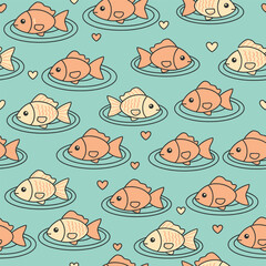 Cute Kawai Goldfish and Pink Hearts on a Blue Water Background Seamless Pattern Illustration
