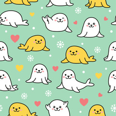 Seamless Pattern Cute Kawaii Seals, Adorable Baby Animals, Hearts, Snowflakes, Mint Background