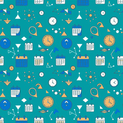 Seamless Pattern, Cute, Kawaii, Calendar, Clock, Planning, Organization, Symbols, Teal Background