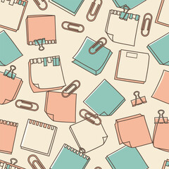 Seamless Pattern of Cute Kawaii Sticky Notes and Paperclips in a Playful Design