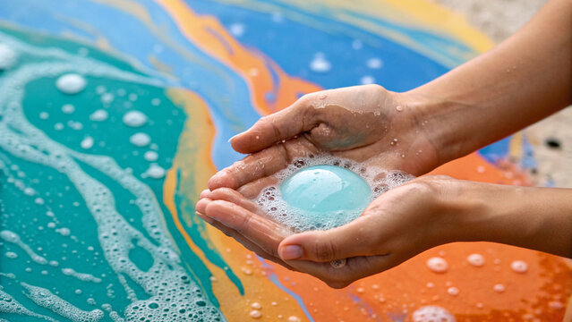Hand Holding Soap Bubble on Colorful Foamy Background - Powered by Adobe