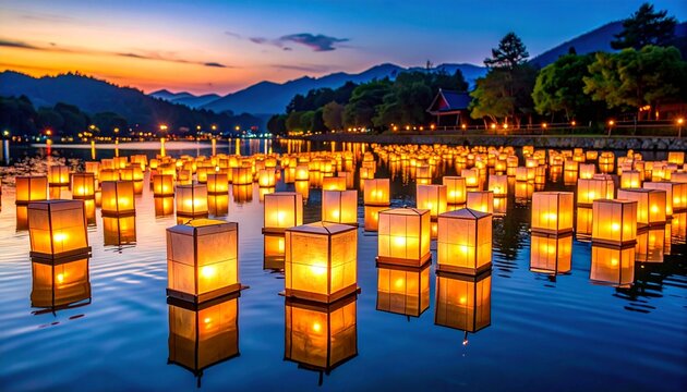 Floating Lanterns at Sunset Illuminate a Tranquil Lake in Japan, Reflections of Golden Lights Dance on the Water During a Festival