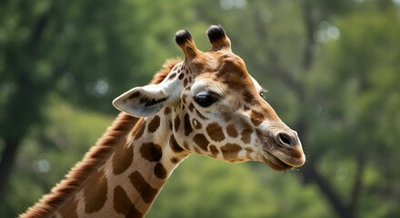Obraz premium Giraffe profile close up portrait of a tall mammal against blurred greenery