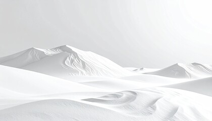Stark white landscape of dunes and mountains, bathed in soft, diffused light