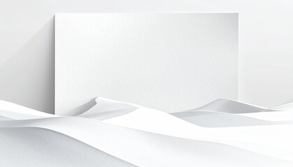A rectangular white plane casts a shadow on abstract dunes; minimalistic, pristine design