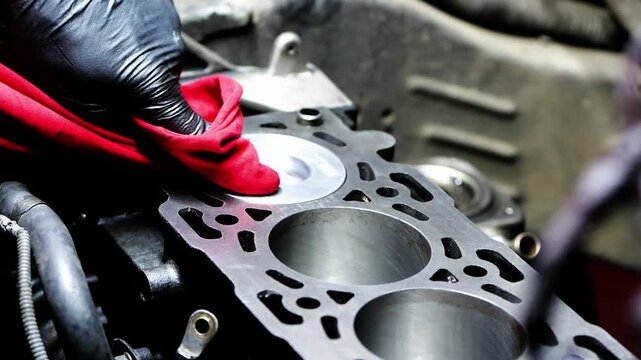 Detail video of mechanic hands cleaning car engine cylinder block with red cloth, wiping edges, channels, and shiny new pistons.