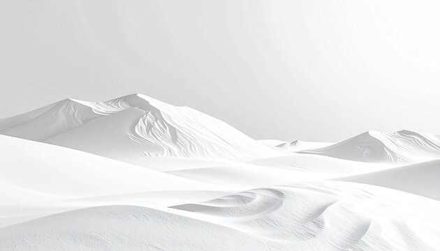 Stark white landscape of dunes and mountains, bathed in soft, diffused light
