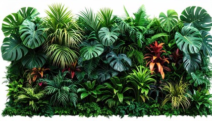 Lush vibrant wall of varied tropical leaves in shades of green, with some red