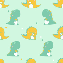 Fototapeta premium Seamless Pattern Cute Kawaii Dinosaurs Holding Hearts in Pastel Green Background