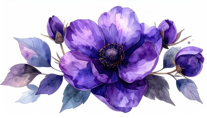 Watercolor floral arrangement deep purple bloom with buds and silvery blue leaves