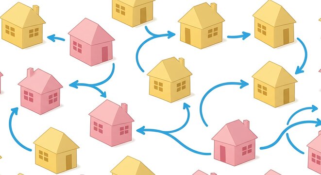 Isometric illustration of colorful houses connected by blue arrows on white background - Powered by Adobe