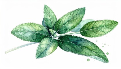 Watercolor illustration of sage leaves with detailed veining and soft green hues