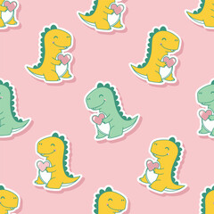 Seamless Pattern of Cute, Kawaii Dinosaurs Holding Hearts on a Pink Background