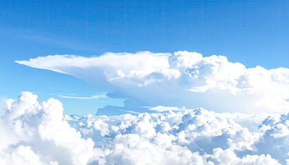 Fluffy white clouds against a clear, vibrant blue sky, aerial view