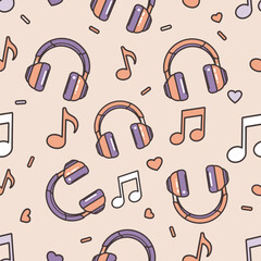 Seamless Pattern of Cute, Kawaii Headphones and Musical Notes for Backgrounds and Designs