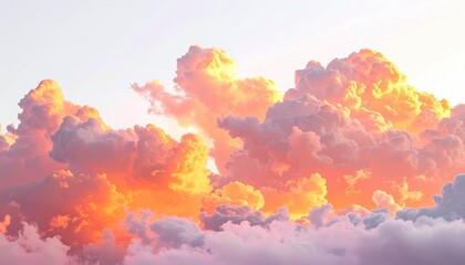 Majestic, glowing clouds in vibrant orange and pink hues dominate a bright sky