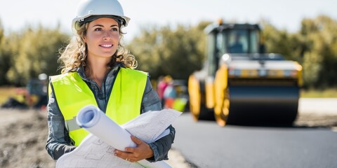 Confident German female construction worker in safety vest and helmet holding blueprints while supervising a road construction site with asphalt surface and machinery in the background