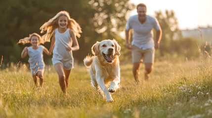 Fototapeta premium A family running after their dog.