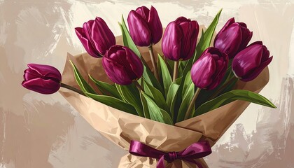 An illustrated bouquet of vibrant purple tulips, wrapped in brown paper and tied with a dark purple ribbon against a light beige textured background