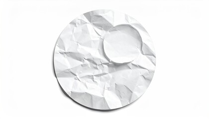 A crumpled, white paper circle with a smaller circle depression; on white background