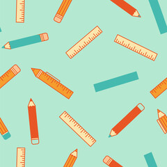A Cute Kawai Seamless Pattern of School Supplies featuring Colorful Pencils and Rulers. Vector Background