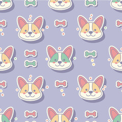 A Cute Kawai Seamless Pattern featuring adorable corgi dog faces and bones on a purple background