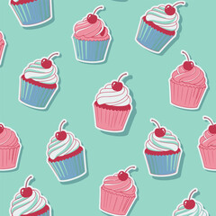 A Cute and Kawaii Seamless Pattern of Sweet Dessert Cupcakes with a Cherry Topping