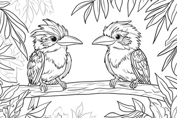 Naklejka premium Two small, stylized kingfishers sit on a branch in a jungle setting. Their faces are directed towards each other. Surrounding them are tropical leaves and branches