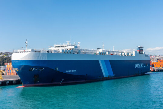 San Antonio, Chile - large blue car carrier ship owned by NYK company moored in the San Antonio port.